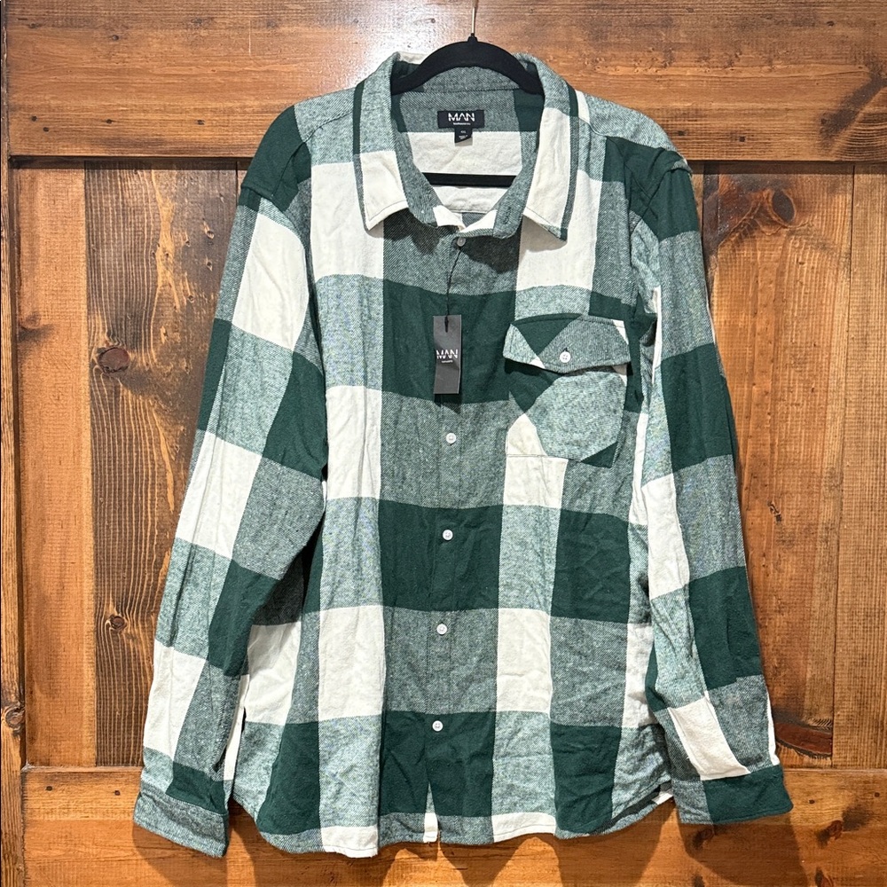 NWT boohoo man plus regular fit‎ green white buffalo check shirt 4XL
